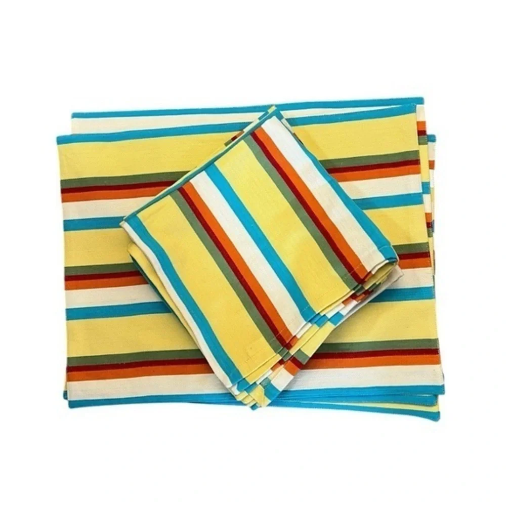 NEW TAG LTD Set of 4 Yellow/Turquoise Striped Cotton LARGE Placemats & Napkins
